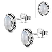 Large Oval Rainbow Moonstone Stud Silver Earrings, e336